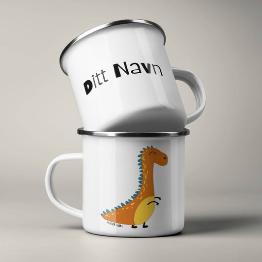 Emaljekrus stablet, med personlig navn på ene siden og dinosaurmotiv på andre siden