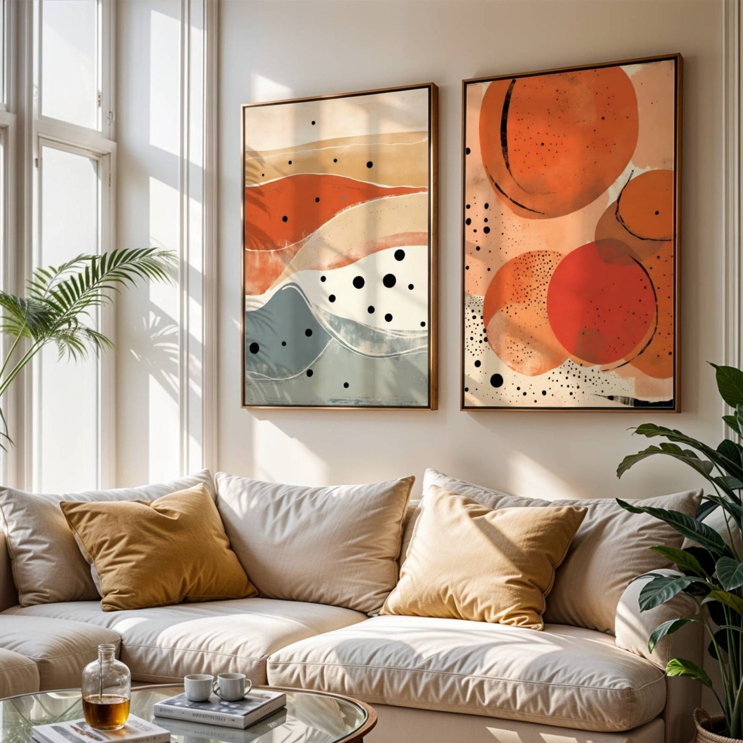 Med varme jordtoner i terrakotta, beige og dempede blå nyanser skaper Desert Waves og Amber Dots en harmonisk og sofistikert atmosfære. Illustrasjon viser motivene som plakater uten hvit kantlinje i rammer over en sofa.