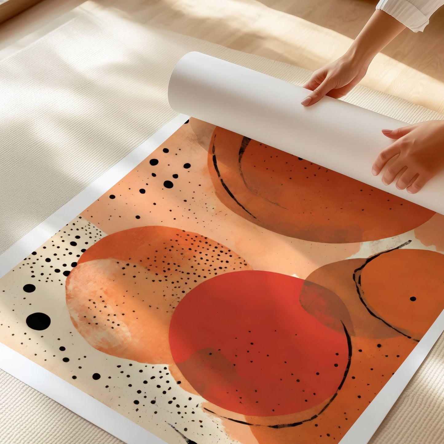 Med sine myke, organiske former i nyanser av rav, terrakotta og beige, kombinert med lekne svarte prikker, skaper dette kunstverket et moderne og stilrent uttrykk. Illustrasjon viser motivet på print.