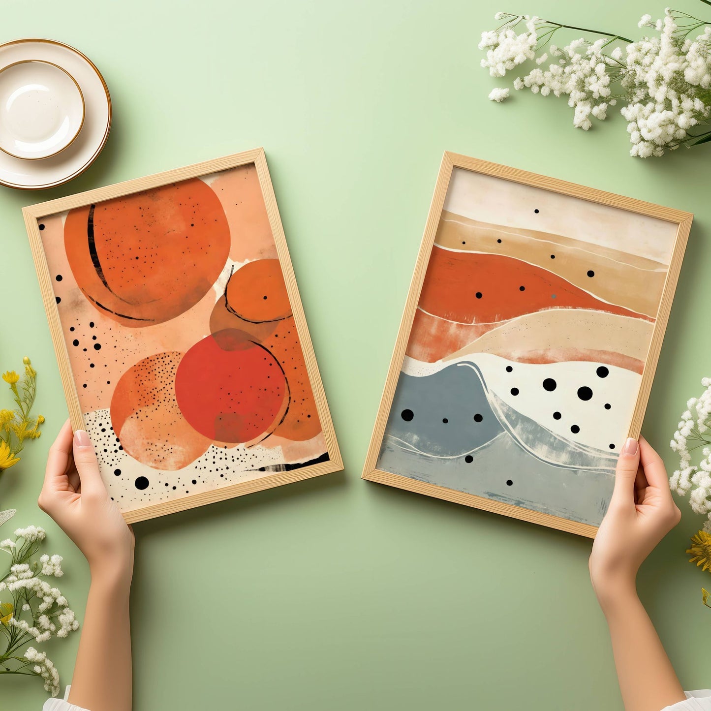 Med varme jordtoner i terrakotta, beige og dempede blå nyanser skaper Desert Waves og Amber Dots en harmonisk og sofistikert atmosfære. Illustrasjon viser motivene som plakater i A4.