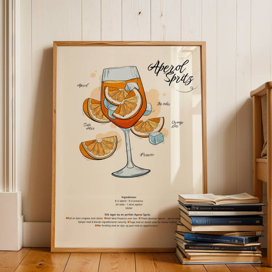 Denne stilfulle og dekorative plakaten viser den klassiske Aperol Spritz-oppskriften med en kunstnerisk illustrasjon av cocktailen. Illustrasjon viser plakat i eik ramme.