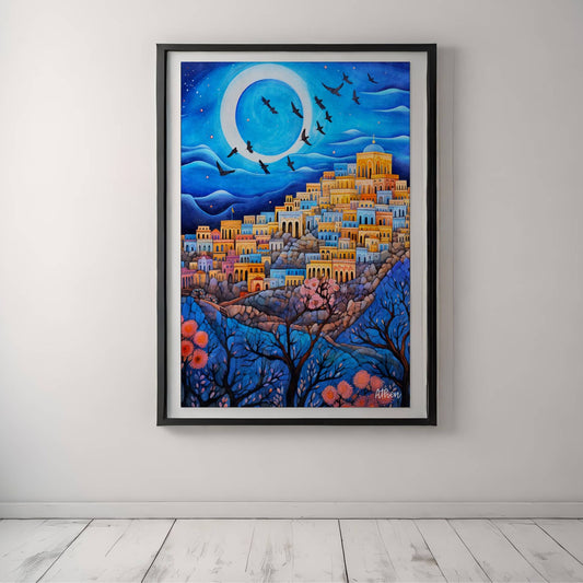 En harmonisk plakat inspirert av greske kystbyer, badet i blåtoner og måneskinn. Illustrasjon viser plakat med hvit kant i sort ramme.