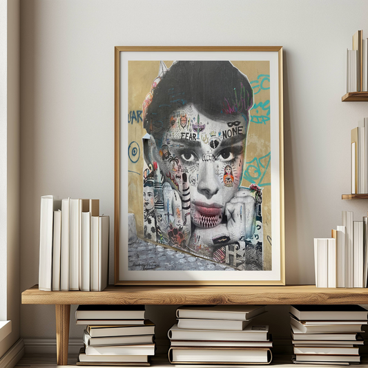 Illustrasjonen viser en paste up plakat av "Audrey Hepburn" i en eik ramme.