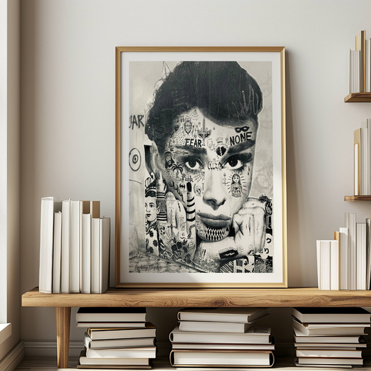 Motivet viser en monokrom paste up plakat av "Audrey Hepburn" i en eik ramme.