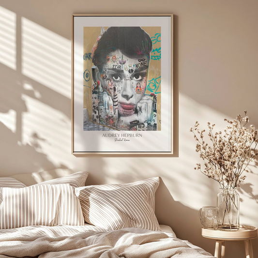 Illustrasjonen viser en fargerik paste up plakat av "Audrey Hepburn" i eik ramme.
