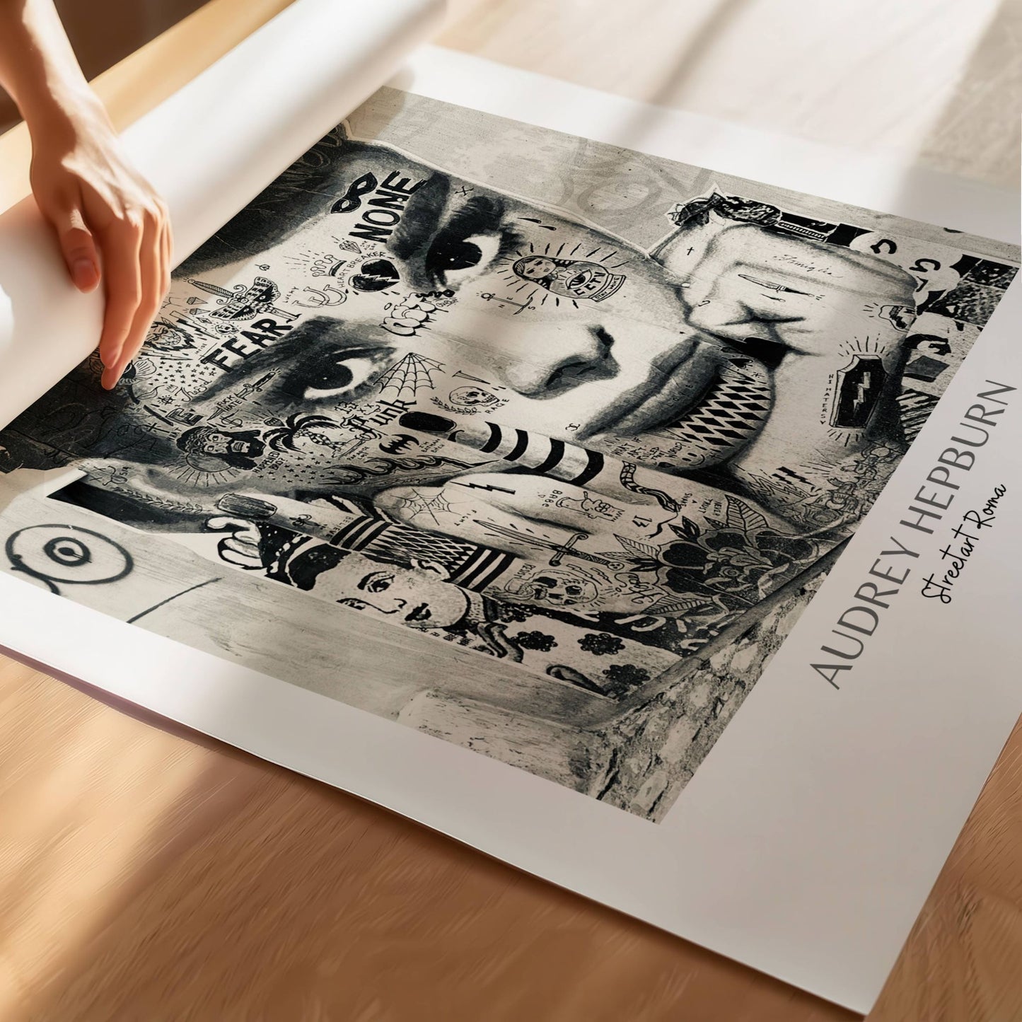 Illustrasjonen viser en monokrom paste up plakat av "Audrey Hepburn" på print.