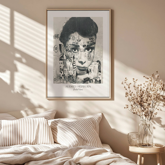 Illustrasjonen viser en monokrom paste up plakat av "Audrey Hepburn" i eik ramme.