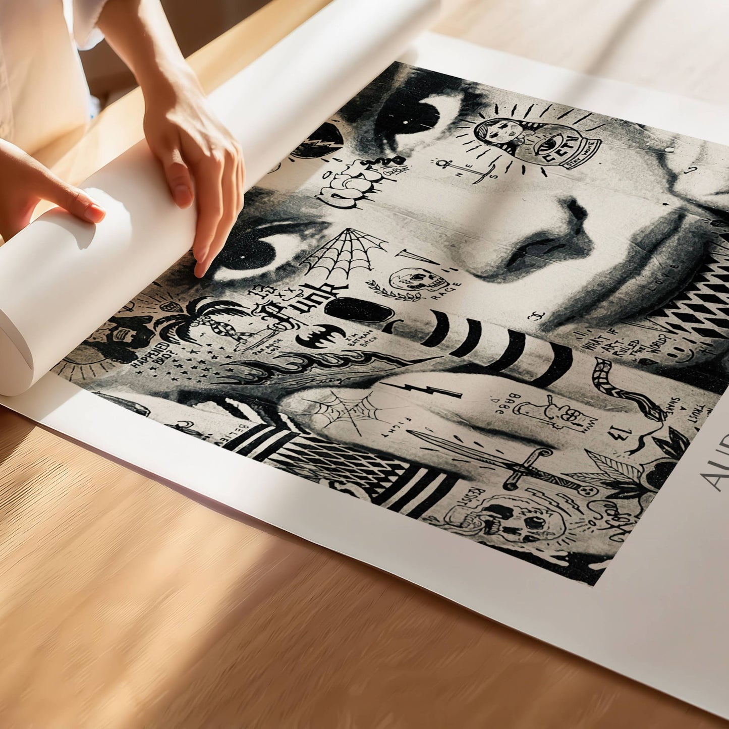 Illustrasjonen viser en monokrom paste up plakat av "Audrey Hepburn" på print.