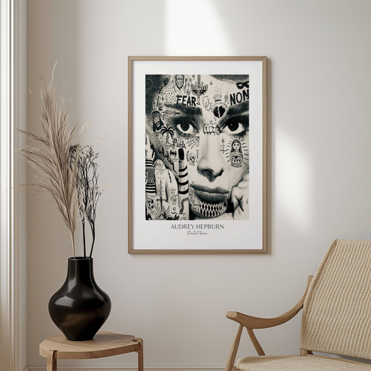 Illustrasjonen viser en monokrom paste up plakat av "Audrey Hepburn" i eik ramme.