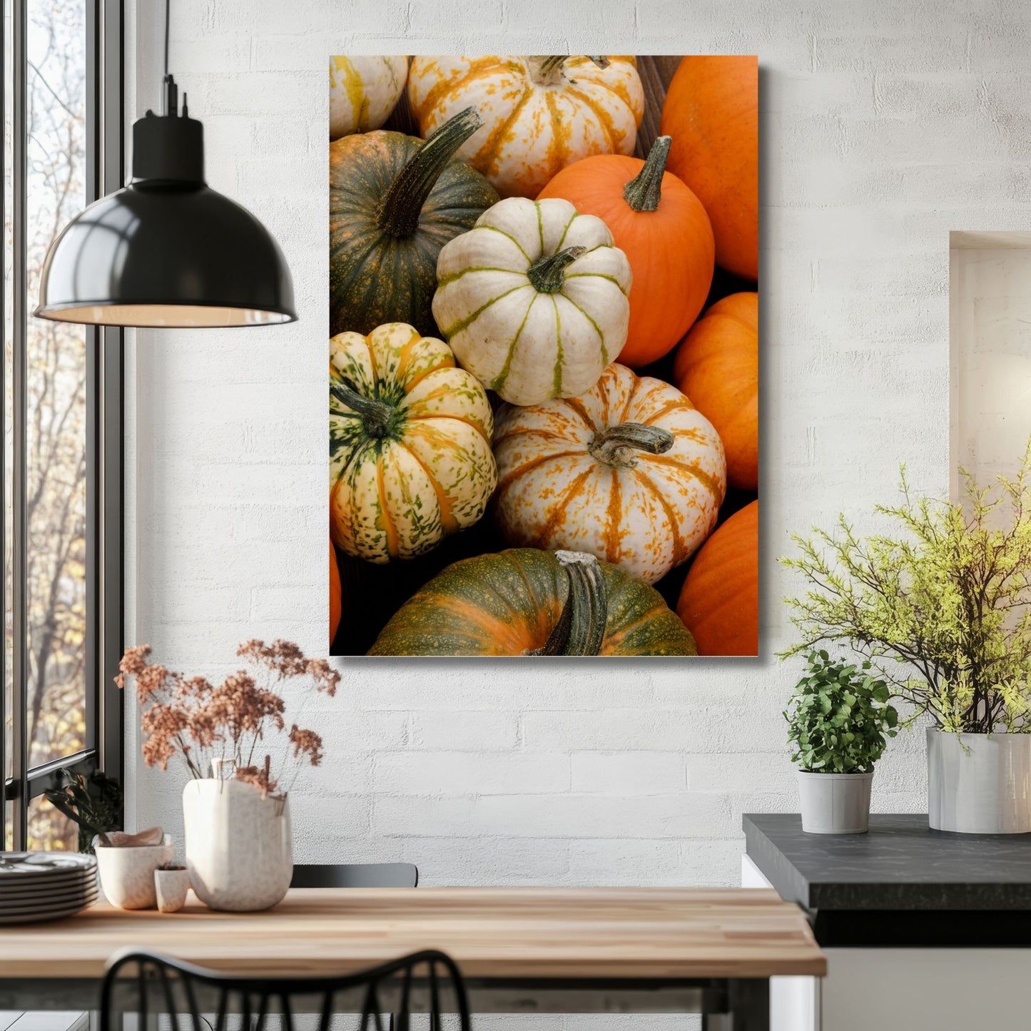 Med fargerike gresskar i varme høsttoner, perfekt for å feire både Halloween og den vakre høstsesongen, skaper disse kunstverkene en lun og festlig atmosfære. Illustrasjonsfoto viser motivet på lerret.