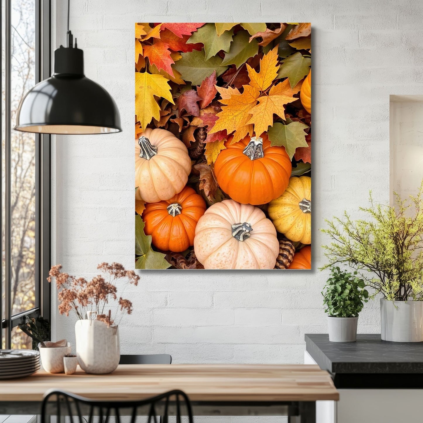 Med fargerike gresskar i varme høsttoner, perfekt for å feire både Halloween og den vakre høstsesongen, skaper disse kunstverkene en lun og festlig atmosfære. Illustrasjonsfoto viser motivet på lerret.