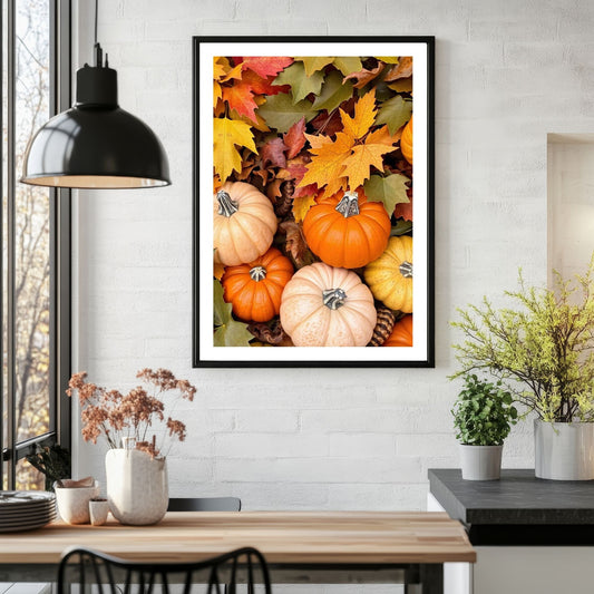Med fargerike gresskar i varme høsttoner, perfekt for å feire både Halloween og den vakre høstsesongen, skaper disse kunstverkene en lun og festlig atmosfære. Illustrasjonsfoto viser motivet som plakat i sort ramme.