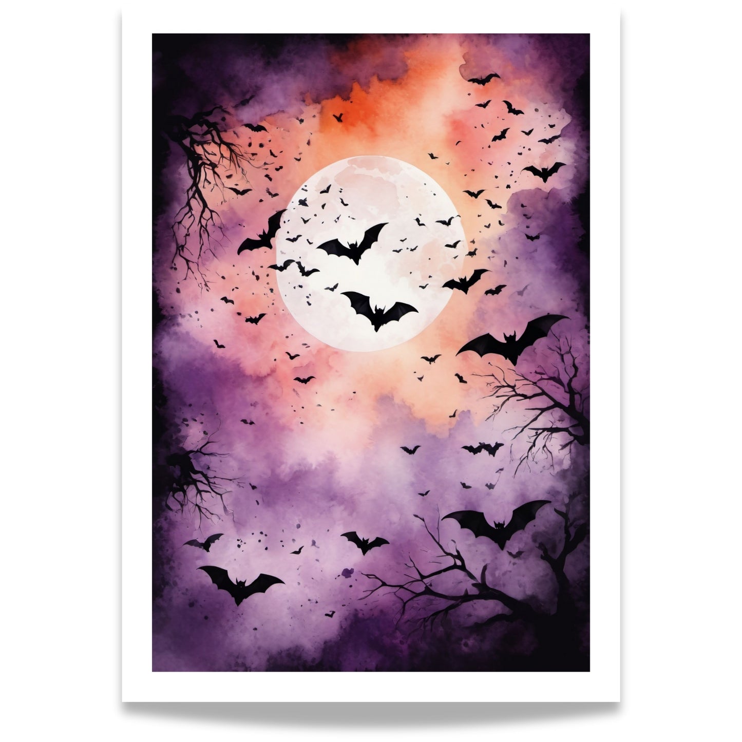 “Bats & Moonlight” viser en stemningsfull høsthimmel badet i lilla og oransje nyanser, med flaggermus som sirkler rundt fullmånen.