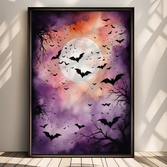 “Bats & Moonlight” viser en stemningsfull høsthimmel badet i lilla og oransje nyanser, med flaggermus som sirkler rundt fullmånen. Illustrasjon vbiser plakat uten hvit kant i sort ramme.