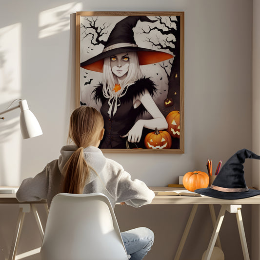 Fang essensen av Halloween med Bewitching Witch, en fengslende Halloween-plakat som viser en mystisk heks omgitt av Jack-O'-Lanterns og flaggermus. illustrasjon viser plakat i eik ramme.