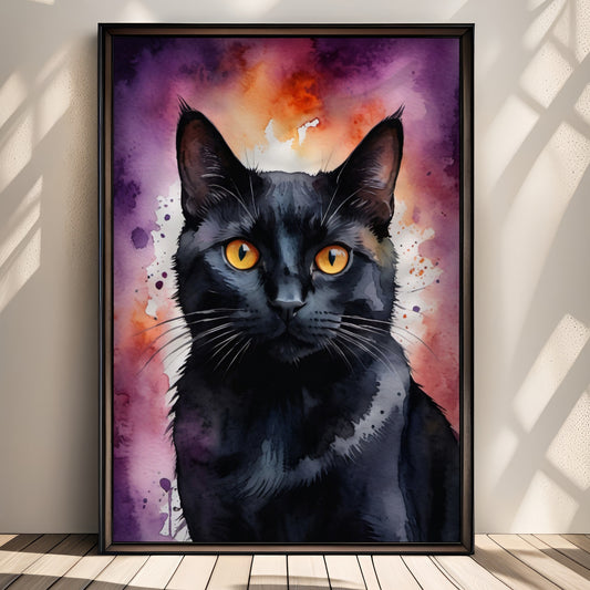 “Black Cat Charm” viser en vakker svart katt med ravgule øyne mot en bakgrunn av lilla og oransje akvarell. Illustraskon viser plakat uten hvit kant i sort ramme.