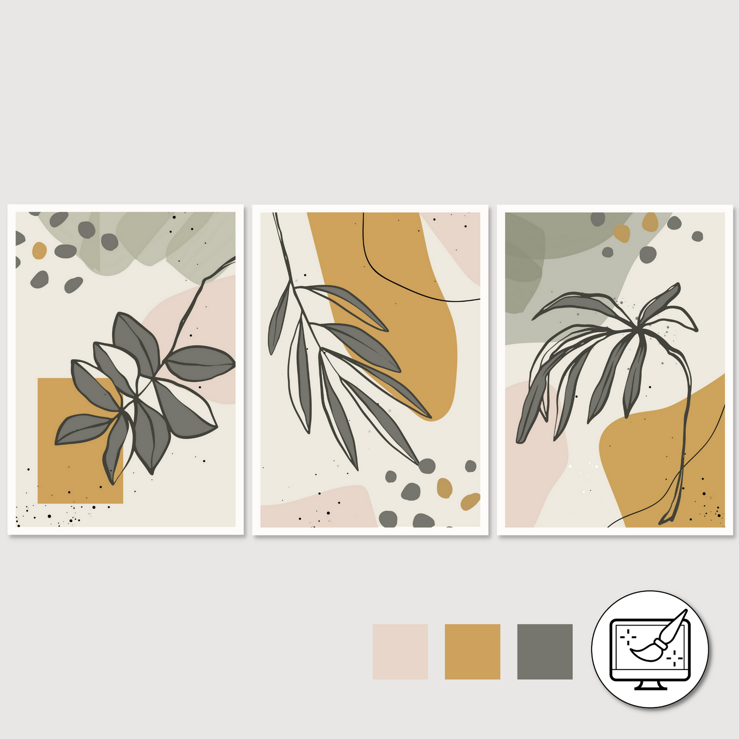 Serie med tre abstrakte grafiske motiver med tropiske blader i fargenyanser sort, oker, rosa, grå og beige. Plakaten har hvit kantlinje. For innramming eller på lerret.
