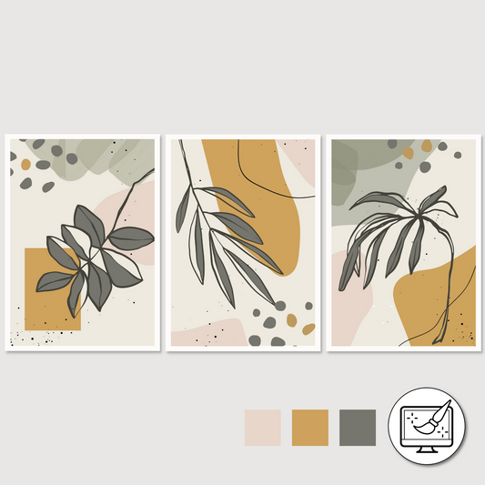 Serie med tre abstrakte grafiske motiver med tropiske blader i fargenyanser sort, oker, rosa, grå og beige. Plakaten har hvit kantlinje. For innramming eller på lerret.