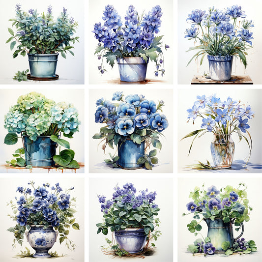 Våre "Blomster i Blått" plakat og lerret er vakkert designet med grafiske illustrasjoner i akvarell, som fremhever botaniske motiv av planter og blomster i nyanser av blått.