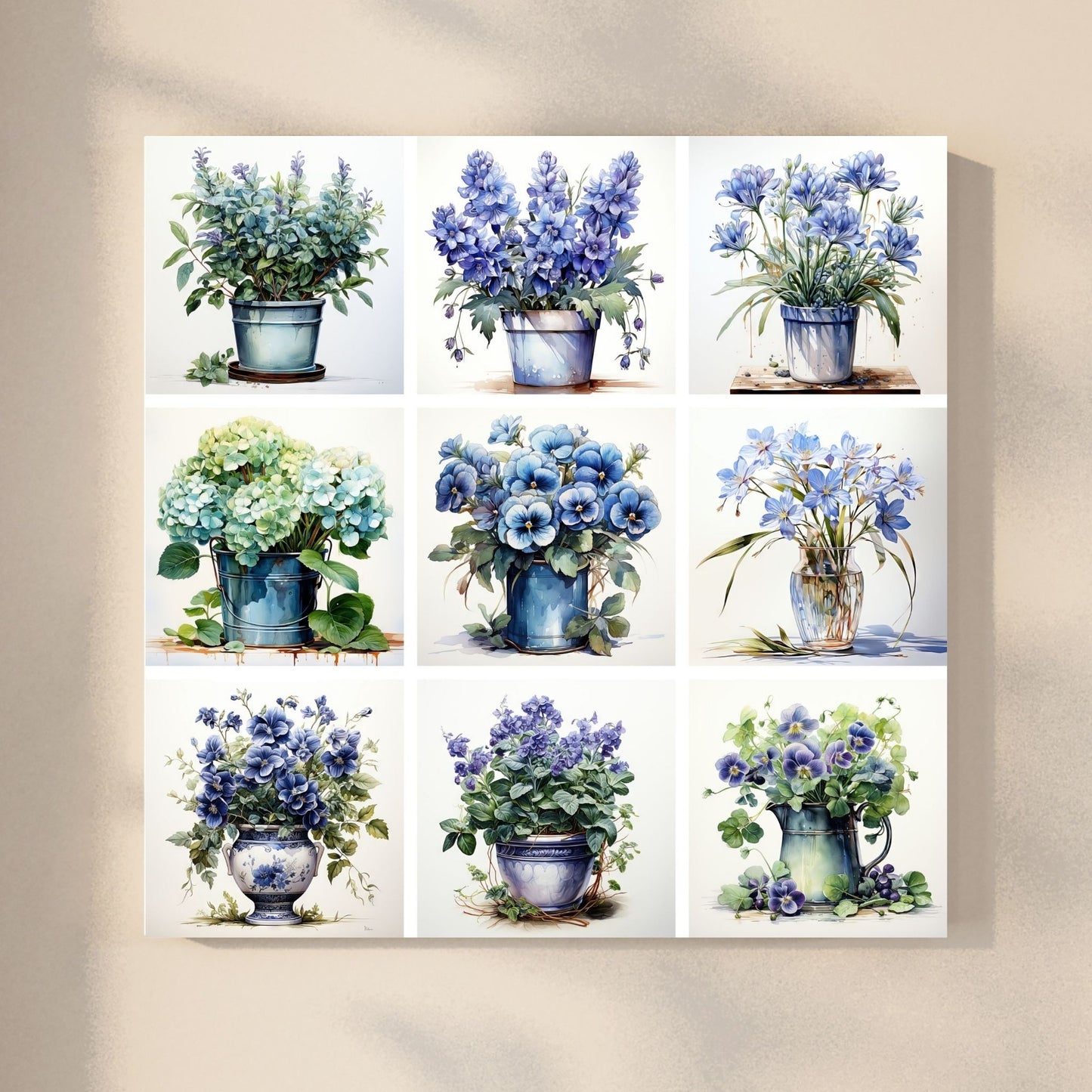 Våre "Blomster i Blått" plakat og lerret er vakkert designet med grafiske illustrasjoner i akvarell, som fremhever botaniske motiv av planter og blomster i nyanser av blått. Illustrasjon viser motivet på lerret.