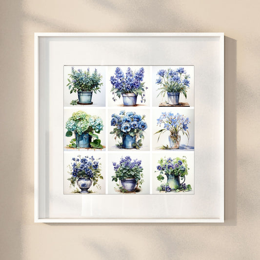 Våre "Blomster i Blått" plakat og lerret er vakkert designet med grafiske illustrasjoner i akvarell, som fremhever botaniske motiv av planter og blomster i nyanser av blått. Illustrasjon viser motivet som plakat i hvit ramme.