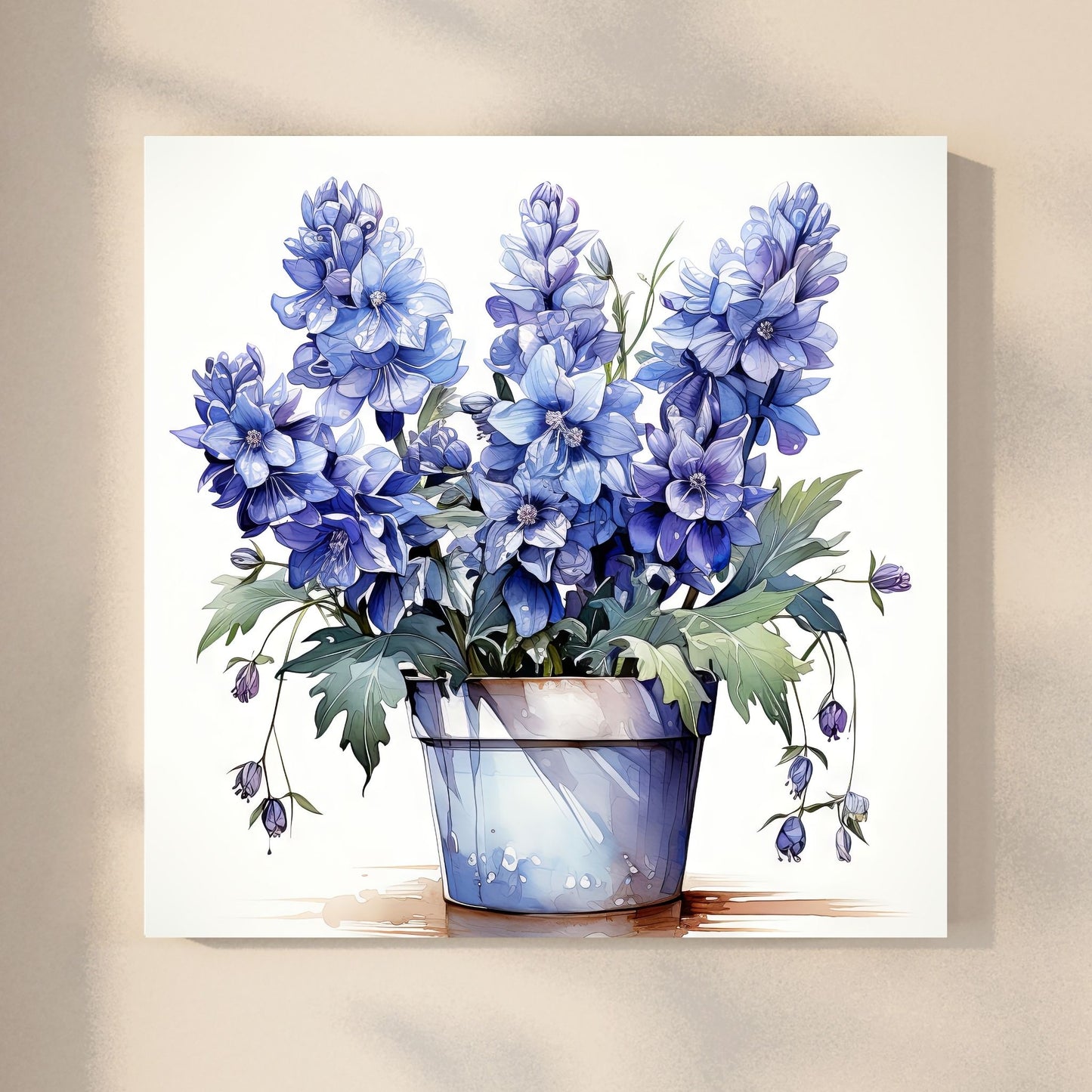 Våre "Blomster i Blått" plakat og lerret er vakkert designet med grafiske illustrasjoner i akvarell, som fremhever botaniske motiv av planter og blomster i nyanser av blått. Illustrasjon viser motivet på lerret.