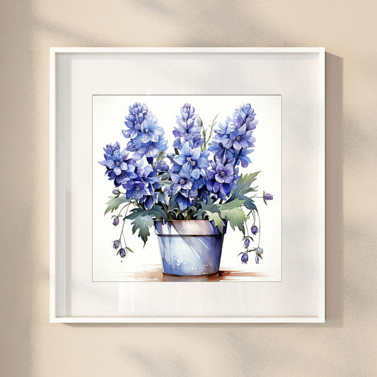 Våre "Blomster i Blått" plakat og lerret er vakkert designet med grafiske illustrasjoner i akvarell, som fremhever botaniske motiv av planter og blomster i nyanser av blått. Illustrasjon viser motivet som plakat i hvit ramme.