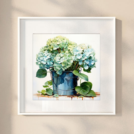 Våre "Blomster i Blått" plakat og lerret er vakkert designet med grafiske illustrasjoner i akvarell, som fremhever botaniske motiv av planter og blomster i nyanser av blått. Illustrasjon viser motivet som plakat i hvit ramme.