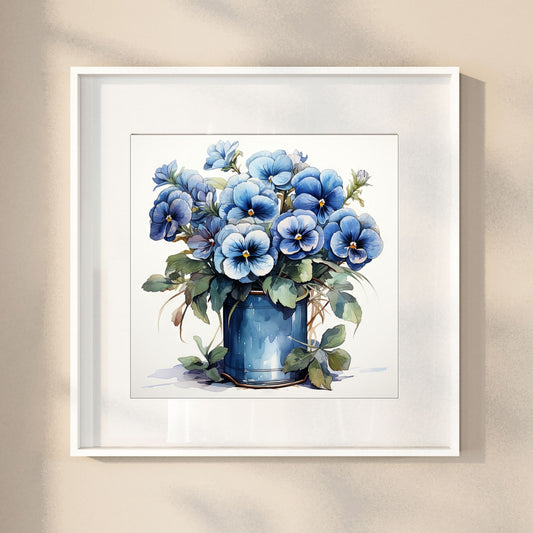 Våre "Blomster i Blått" plakat og lerret er vakkert designet med grafiske illustrasjoner i akvarell, som fremhever botaniske motiv av planter og blomster i nyanser av blått. Illustrasjon viser motivet som plakat i hvit ramme.