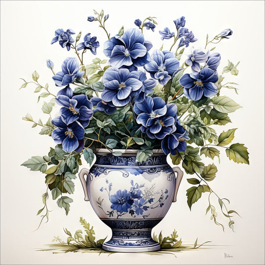 Våre "Blomster i Blått" plakat og lerret er vakkert designet med grafiske illustrasjoner i akvarell, som fremhever botaniske motiv av planter og blomster i nyanser av blått.