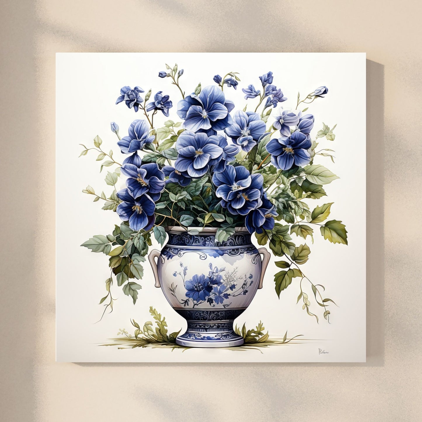 Våre "Blomster i Blått" plakat og lerret er vakkert designet med grafiske illustrasjoner i akvarell, som fremhever botaniske motiv av planter og blomster i nyanser av blått. Illustrasjon viser motivet på lerret.