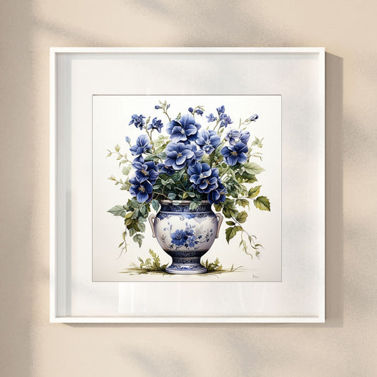 Våre "Blomster i Blått" plakat og lerret er vakkert designet med grafiske illustrasjoner i akvarell, som fremhever botaniske motiv av planter og blomster i nyanser av blått. Illustrasjon viser motivet som plakat i hvit ramme.