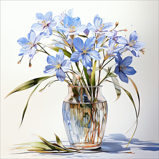 Våre "Blomster i Blått" plakat og lerret er vakkert designet med grafiske illustrasjoner i akvarell, som fremhever botaniske motiv av planter og blomster i nyanser av blått.