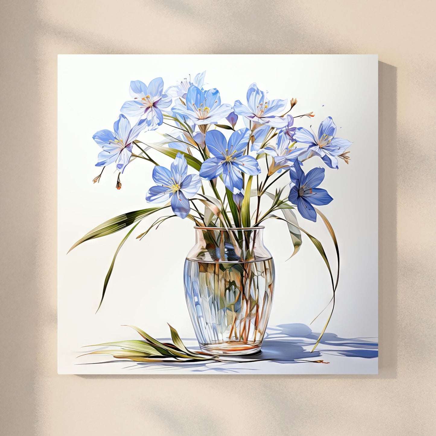 Våre "Blomster i Blått" plakat og lerret er vakkert designet med grafiske illustrasjoner i akvarell, som fremhever botaniske motiv av planter og blomster i nyanser av blått. Illustrasjon viser motivet på lerret.