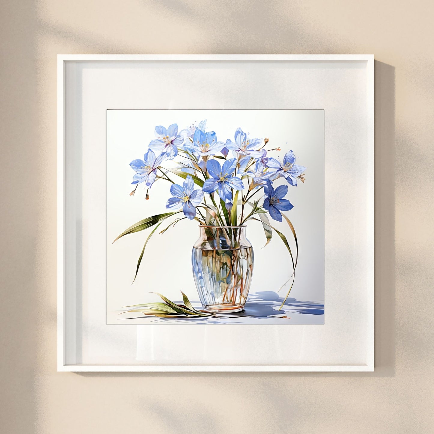 Våre "Blomster i Blått" plakat og lerret er vakkert designet med grafiske illustrasjoner i akvarell, som fremhever botaniske motiv av planter og blomster i nyanser av blått. Illustrasjon viser motivet som plakat i hvit ramme.