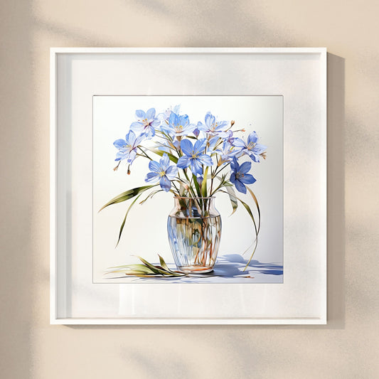 Våre "Blomster i Blått" plakat og lerret er vakkert designet med grafiske illustrasjoner i akvarell, som fremhever botaniske motiv av planter og blomster i nyanser av blått. Illustrasjon viser motivet som plakat i hvit ramme.