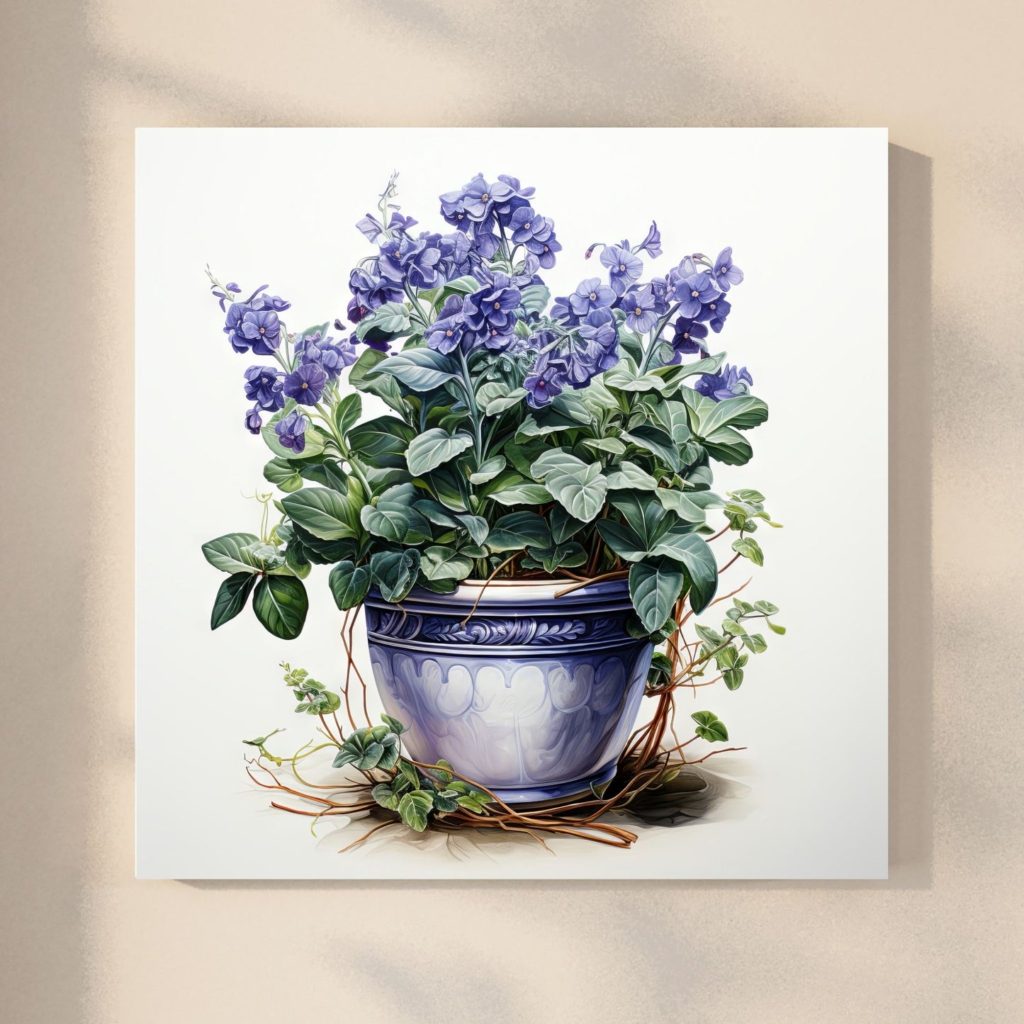 Våre "Blomster i Blått" plakat og lerret er vakkert designet med grafiske illustrasjoner i akvarell, som fremhever botaniske motiv av planter og blomster i nyanser av blått. Illustrasjon viser motivet på lerret.