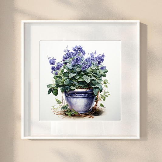 Våre "Blomster i Blått" plakat og lerret er vakkert designet med grafiske illustrasjoner i akvarell, som fremhever botaniske motiv av planter og blomster i nyanser av blått. Illustrasjon viser motivet som plakat i hvit ramme.