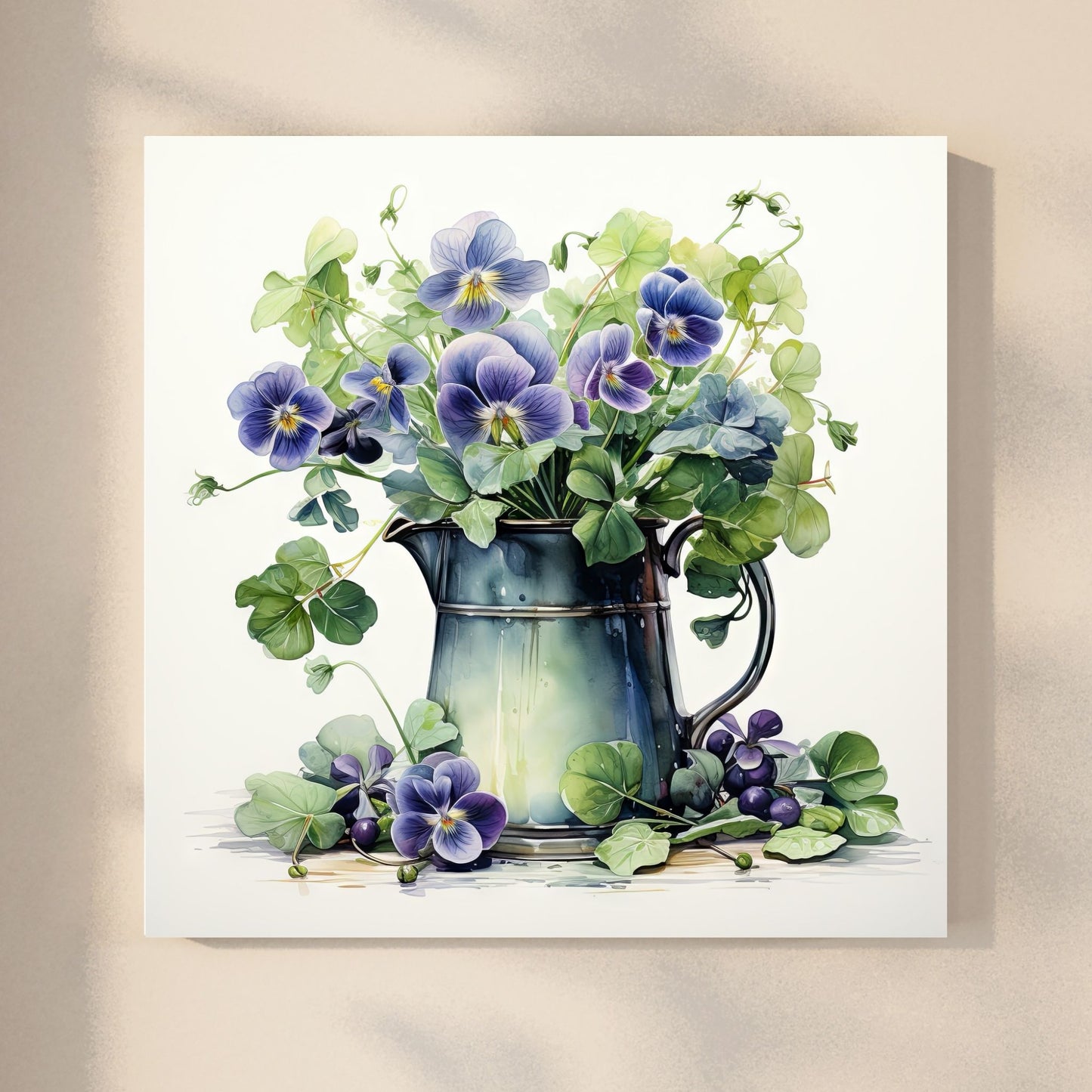 Våre "Blomster i Blått" plakat og lerret er vakkert designet med grafiske illustrasjoner i akvarell, som fremhever botaniske motiv av planter og blomster i nyanser av blått. Illustrasjon viser motivet på lerret.