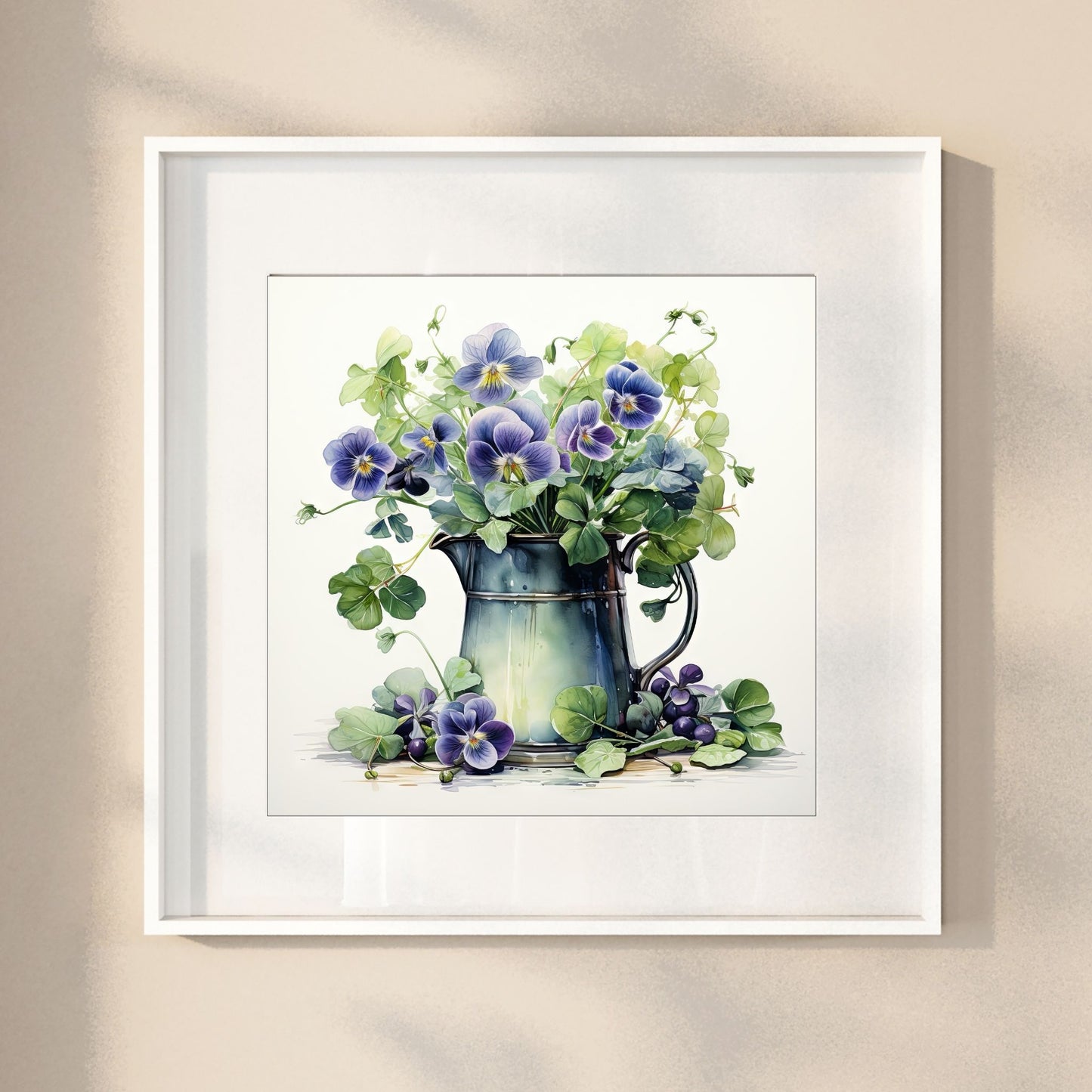 Våre "Blomster i Blått" plakat og lerret er vakkert designet med grafiske illustrasjoner i akvarell, som fremhever botaniske motiv av planter og blomster i nyanser av blått. Illustrasjon viser motivet som plakat i hvit ramme.