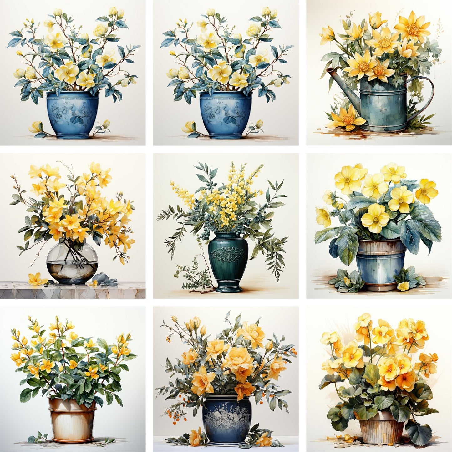 Våre "Blomster i Gult" plakat og lerret er vakkert designet med grafiske illustrasjoner i akvarell, som fremhever botaniske motiv av planter og blomster i nyanser av gult.