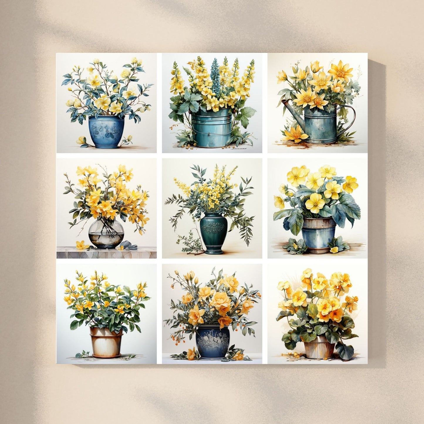 Våre "Blomster i Gult" plakat og lerret er vakkert designet med grafiske illustrasjoner i akvarell, som fremhever botaniske motiv av planter og blomster i nyanser av gult. Illustrasjonen viser motivet på lerret.