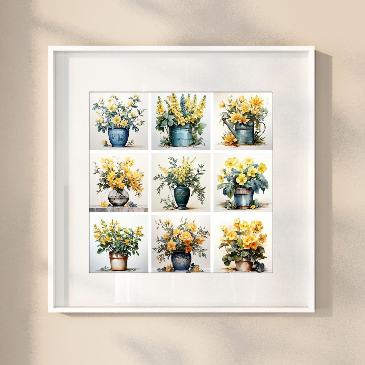 Våre "Blomster i Gult" plakat og lerret er vakkert designet med grafiske illustrasjoner i akvarell, som fremhever botaniske motiv av planter og blomster i nyanser av gult. Illustrasjonen viser motivet som plakat i hvit ramme.