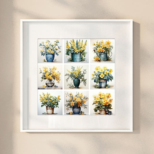 Våre "Blomster i Gult" plakat og lerret er vakkert designet med grafiske illustrasjoner i akvarell, som fremhever botaniske motiv av planter og blomster i nyanser av gult. Illustrasjonen viser motivet som plakat i hvit ramme.