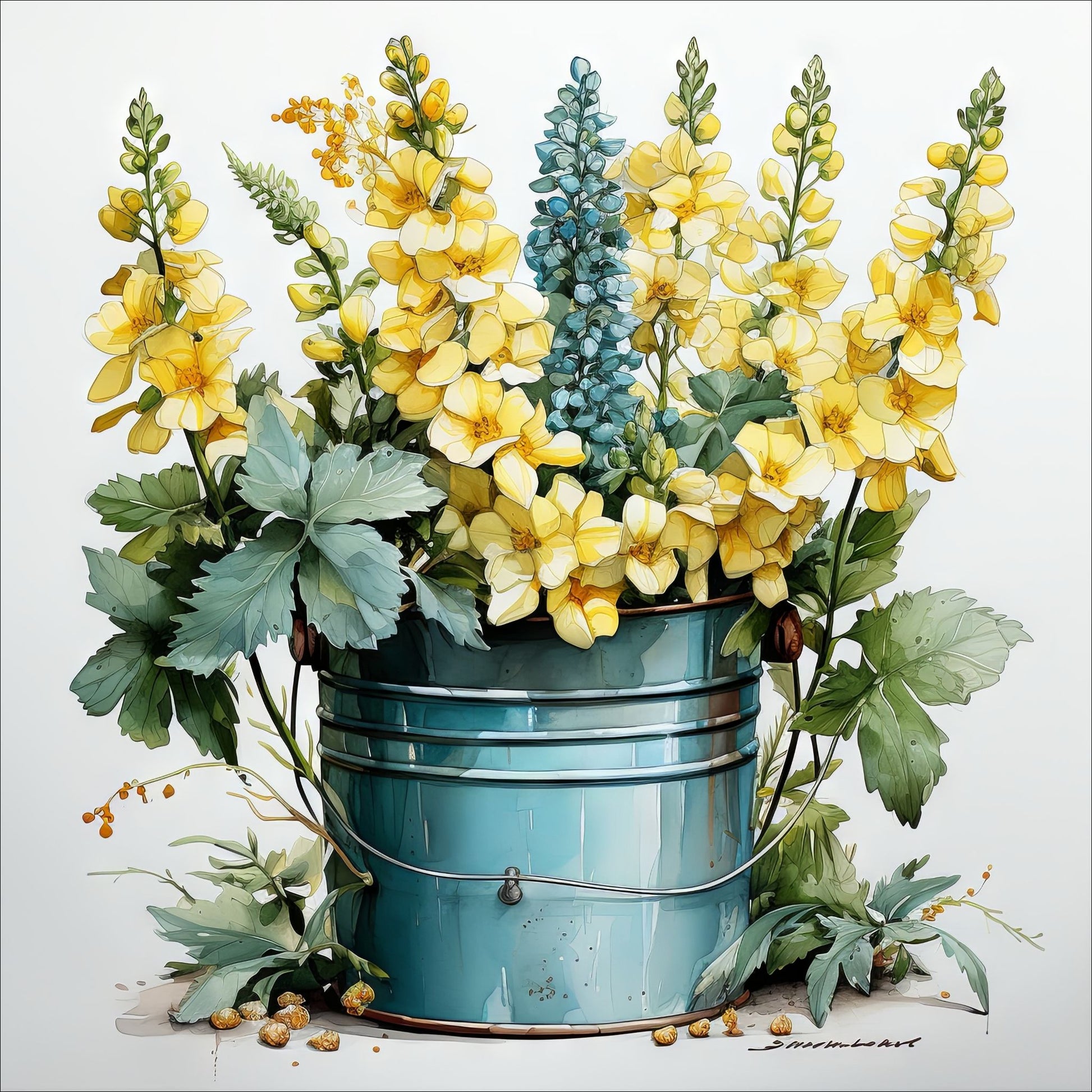 Våre "Blomster i Gult" plakat og lerret er vakkert designet med grafiske illustrasjoner i akvarell, som fremhever botaniske motiv av planter og blomster i nyanser av gult.