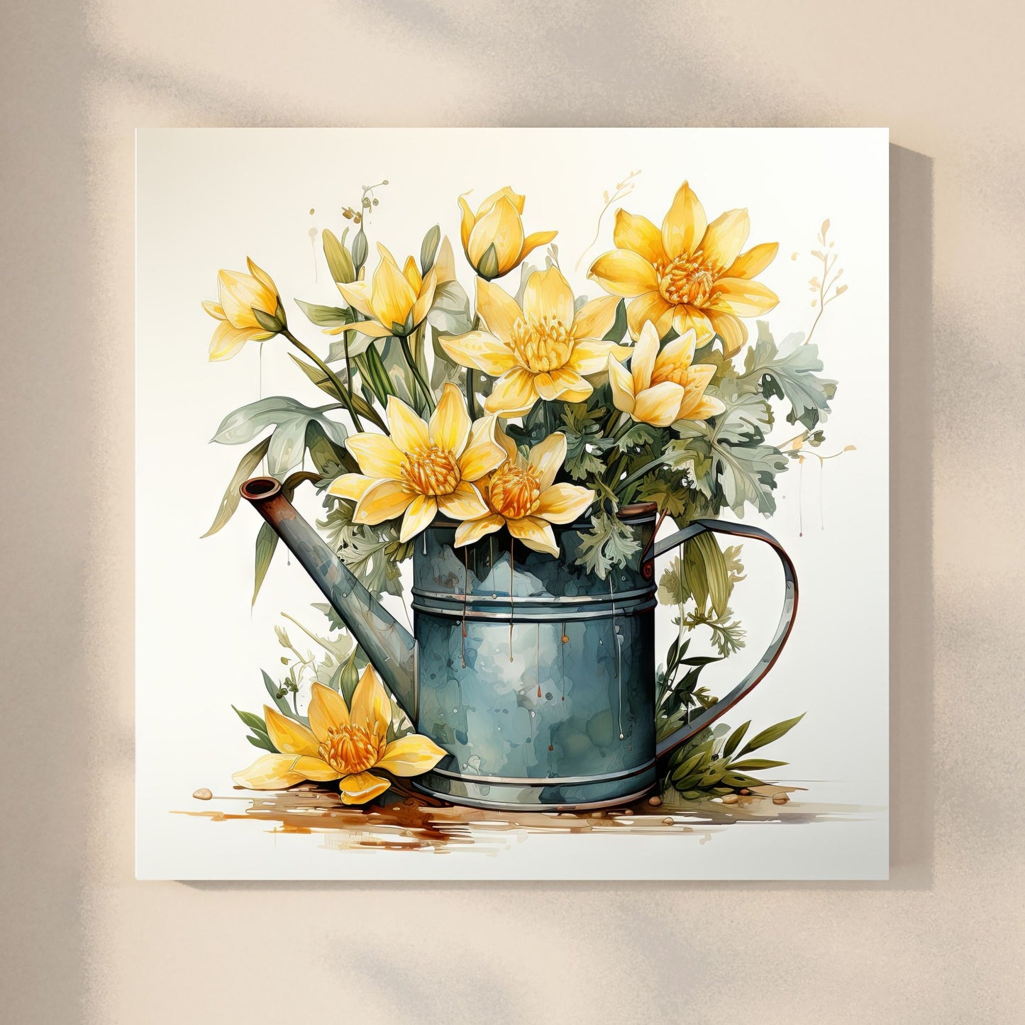 Våre "Blomster i Gult" plakat og lerret er vakkert designet med grafiske illustrasjoner i akvarell, som fremhever botaniske motiv av planter og blomster i nyanser av gult. Illustrasjonen viser motivet på lerret.