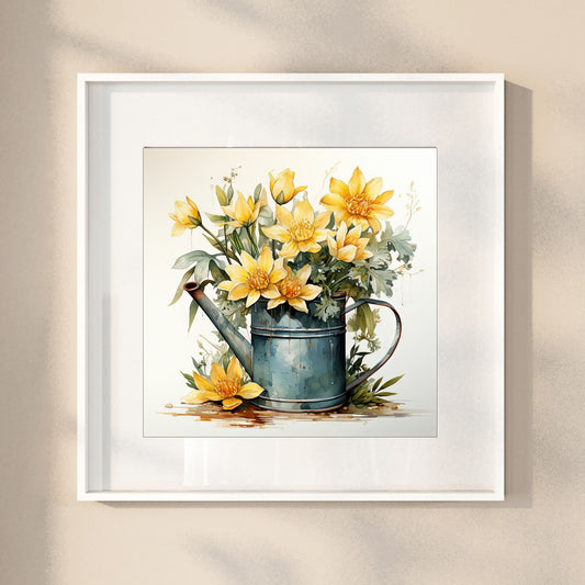 Våre "Blomster i Gult" plakat og lerret er vakkert designet med grafiske illustrasjoner i akvarell, som fremhever botaniske motiv av planter og blomster i nyanser av gult.  Illustrasjonen viser motivet som plakat i hvit ramme.