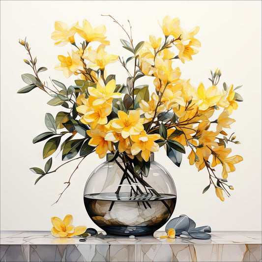 Våre "Blomster i Gult" plakat og lerret er vakkert designet med grafiske illustrasjoner i akvarell, som fremhever botaniske motiv av planter og blomster i nyanser av gult.