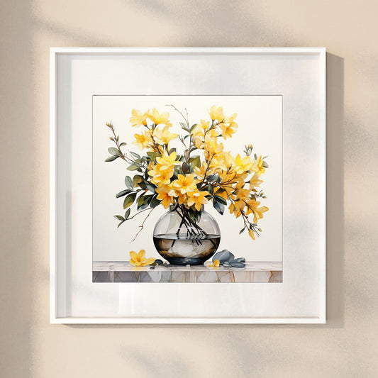 Våre "Blomster i Gult" plakat og lerret er vakkert designet med grafiske illustrasjoner i akvarell, som fremhever botaniske motiv av planter og blomster i nyanser av gult. Illustrasjonen viser motivet som plakat i hvit ramme.