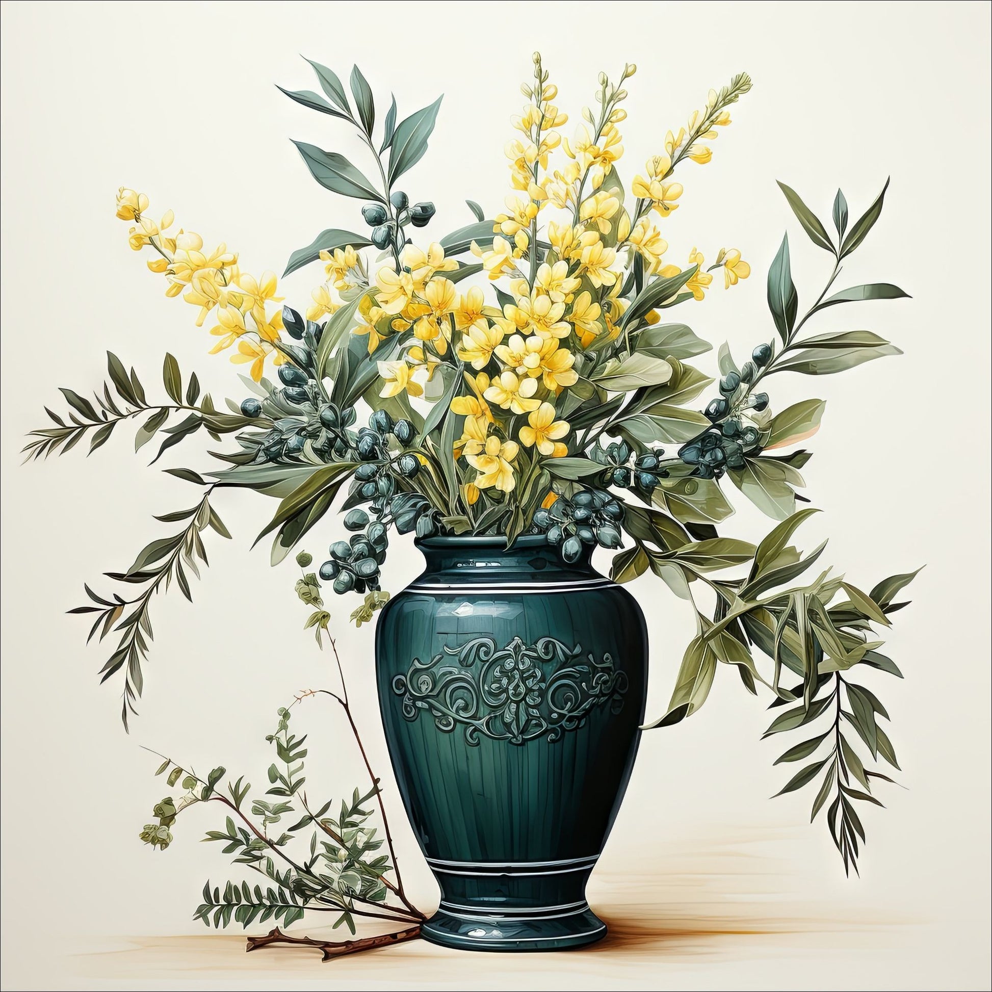 Våre "Blomster i Gult" plakat og lerret er vakkert designet med grafiske illustrasjoner i akvarell, som fremhever botaniske motiv av planter og blomster i nyanser av gult.